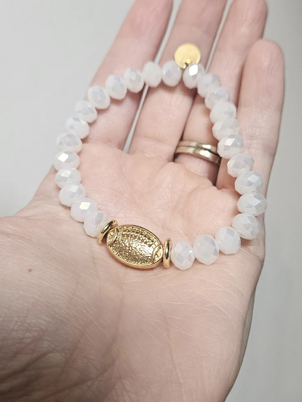 Faceted White Bead Bracelet with Gold Oval Accent - Women's Jewelry
